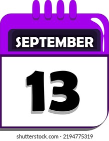 13th of September. calendar with date number thirteen, thirteenth day of september, month of september