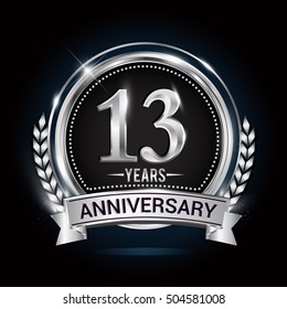 13th silver anniversary logo with laurel wreath, ribbon and silver ring. vector design