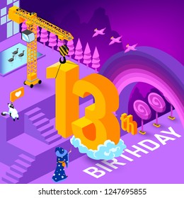 13th year Anniversary Celebration concept with characters. Flat isometric vector illustration
