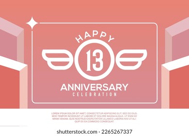 13th year anniversary design letter with wing sign concept template design on pink background abstract illustration