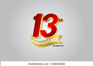 13th year anniversary Golden ribbon celebration logotype. anniversary logo with Red and Gold color isolated on grey background, vector design for celebration, invitation card - vector
