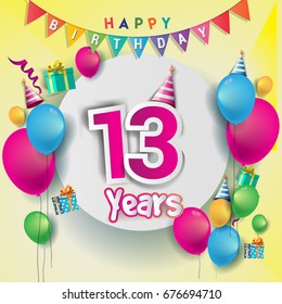 13th years Anniversary Celebration, birthday card or greeting card design with gift box and balloons, Colorful vector elements for the celebration party of thirteen years anniversary.