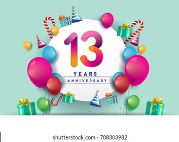 13th years Anniversary Celebration Design with balloons and gift box, Colorful design elements for banner and invitation card.