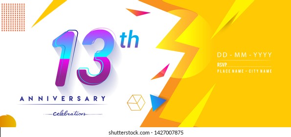 13th years anniversary logo, vector design birthday celebration with colorful geometric background and circles shape.