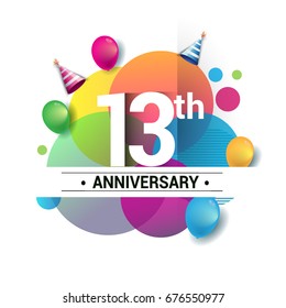 13th years anniversary logo, vector design birthday celebration with colorful geometric, Circles and balloons isolated on white background.