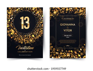 13th years birthday vector black paper luxury invitation double card. Thirteen years wedding anniversary celebration brochure. Template of invitational for print on dark background with bokeh lights 