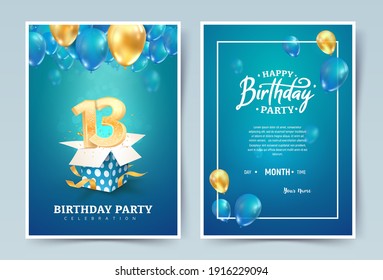 Tarjeta doble de invitación vector de 13 años. Folleto de la celebración del 13 años. Plantilla de invitación para imprimir sobre fondo azul