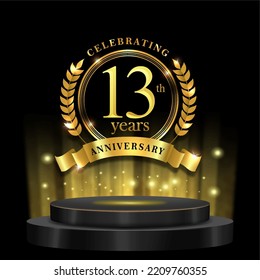 13th years golden anniversary logo celebration with ring ribbon and 3d podium. isolated on black background