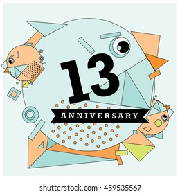 13th years greeting card anniversary with colorful number and frame. logo and icon with circle badge and background