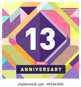 13th years greeting card anniversary with colorful number and frame. logo and icon with Memphis style cover and design template