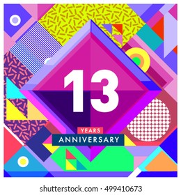 13th years greeting card anniversary with colorful number and frame. logo and icon with Memphis style cover and design template