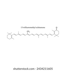 13-trifluoromethyl echinenone skeletal structure diagram.Halogenated Carotenoid compound molecule scientific illustration on white background.