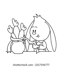 14 - 25 Cute bunny makes bouquet of carrots in vase with ribbon. Christmas, New Year and Easter contour vector illustration. Collection of rabbits in cartoon style. Humour