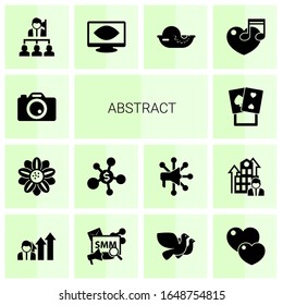 14 abstract filled icons set isolated on white background. Icons set with Photo services, Floral design, Business networking, poker, Leadership, Computer Vision, seafood icons.
