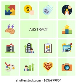 14 abstract flat icons set isolated on white background. Icons set with Brain storm, castle, Business Company, Ranking, Puzzle, Cost per click, comet, space exploration icons.