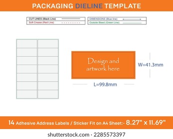 14 Adhesive Address Labels Dieline Template 99.8 x 41.3mm
