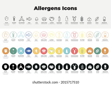 14 allergens vector icon collection for restaurant menus linear version