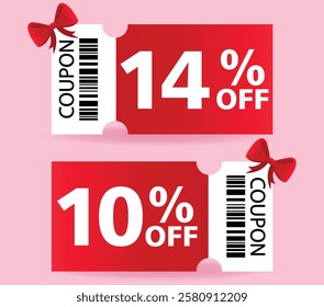 14 and10% off sale red coupon with bow. Gift card for Valentines Day. Tag label, sale banner with discount coupon. Pink Background. Vector eps.