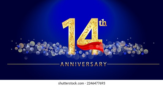 14 anniversary celebration. 14th anniversary celebration. 14 year anniversary celebration logo with glitter, confetti, red ribbon and blue background.