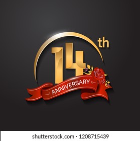 14 anniversary design logotype with golden swoosh, red ribbon and red rose. Vector template for use in celebration company event, greeting card, and invitation card