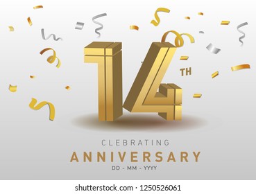 14 Anniversary gold numbers with golden confetti. Celebration 14th anniversary event party template.