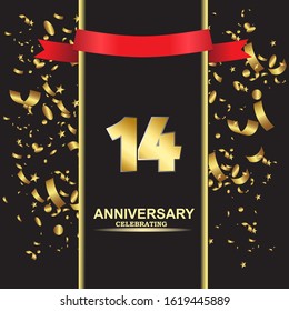 14 anniversary logo with confetti golden colored and red ribbon isolated on black background, vector design for greeting card and invitation card