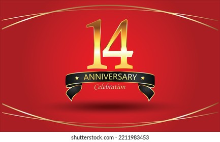 14 Aniversario de fondo rojo. Cartel del 14 aniversario de oro. celebración del aniversario rojo. Aniversario dorado con cinta de oro
