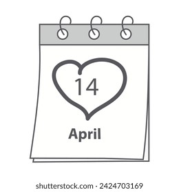 14 April calendar page with date and hand drawn hearts shape stroke. Design for Black Day greetings