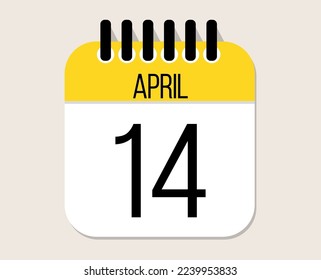 14 April day calendar vector. April month calendar page icon in yellow.