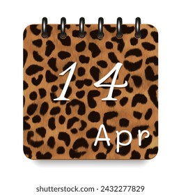 14 April. Leopard print calendar daily icon. White letters. Date day week Sunday, Monday, Tuesday, Wednesday, Thursday, Friday, Saturday.