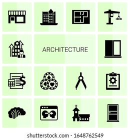 14 architecture filled icons set isolated on white background. Icons set with Business Company, Accounting, Casino, window, Small business, castle, Property plan, tower crane icons.