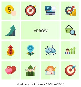 Iconos planos de 14 flechas, aislados en fondo blanco. Iconos establecidos con crecimiento, nivel, Geo Targeting, investigación de marketing, costo por clic, Destino, Integración de sistemas, iconos de productividad.