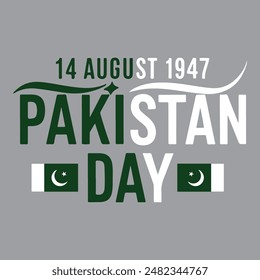 14 de agosto de 1947 Tipografía del día de Pakistán con dos banderas, tipografía en color verde y blanco y fondo gris claro