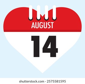 14 August calendar icon red heart shape on light sky blue color background, calendar vector symbol for the month of August.
