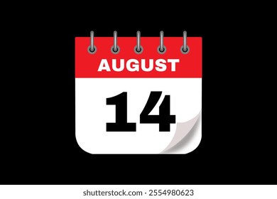 14 August calendar icon text page monthly web design on red, white and black background vector, icon, or illustration with the month of August 14