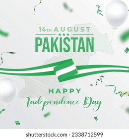 14 August- Celebrate Pakistan Happy Independence Day, pakistan map in background with celebrating graphic elements, poster design for social media.