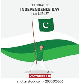 14 August is the day of independence of Pakistan, Man holding Pakistan flag wearing green and white shalwar kameez, illustration