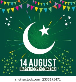 14 de agosto feliz día de la independencia del incendio de agosto trabajo pakistán bandera fondo luna verde y estrella en el círculo del diseño.