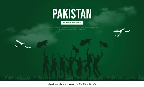 14 August - Happy Independence Day of Pakistan Banner Design. Pakistan Independence Day Celebration with Text. peoples holding flag silhoutte.