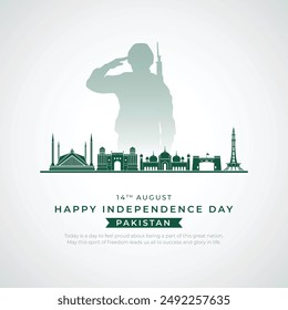 14 August - Happy Independence Day Pakistan Post and Greeting Card. Pakistan Independence Day Banner and Background with Pakistan Skyline Vector Illustration