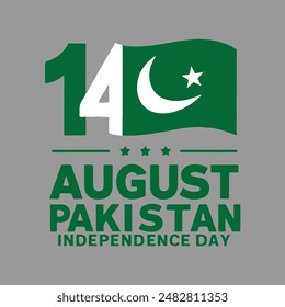 14 August Pakistan independence day typography with flag, green and white color and grey background