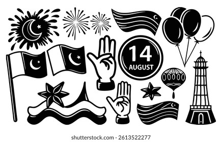  "14 August Pakistan Independence Day Black Icon Set with Flag and Monument Symbols"