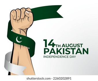 14 August. Vector illustration of Happy Independence Day greeting card for the country of Pakistan with clenched fists and a flag ribbon. Use for banners on a white background.