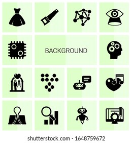 14 background filled icons set isolated on white background. Icons set with AI Decision, wedding ceremony, Clustering, Cognitive Science, bride dress, Hand saw, Neural network icons.
