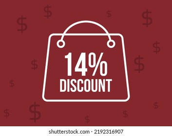 14% bag discount. Shop promotion with special offer. Promotional banner on red background.