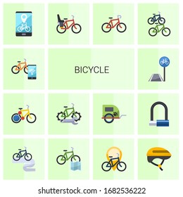 14 bicycle flat icons set isolated on white background. Icons set with Smart bike, bike sharing, bike repair service, bicycle lane, rental app, Child seat, icons.