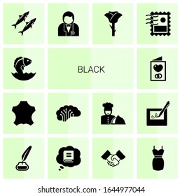14 black filled icons set isolated on white background. Icons set with Seafood, leather, AI Architecture, Invitation, sardine, groom, rose, Stamps collecting, Inkwell, Knowledge icons.