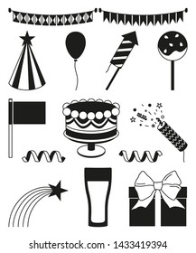 14 black and white party elements set. Birthday themed vector illustration for icon, stamp, label, certificate, brochure, gift card, poster, coupon or banner decoration