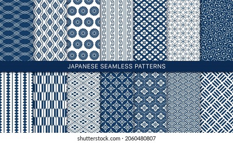 14 blue Japanese pattern seamless pattern set.