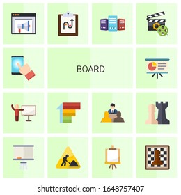 14 board flat icons set isolated on white background. Icons set with testing, coach, Priority, Presentation, Banner Ads, tactics, Big data, Video maker, Board stand, construction works icons.